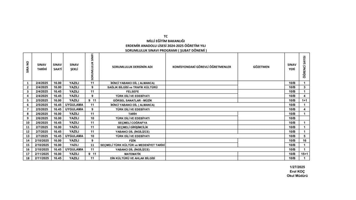 2025 Yılı Şubat Dönemi Sorumluluk Sınavları Takvimi 